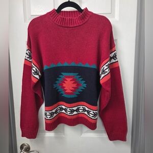 Vintage BADGE Red Blue Mix Southwestern Pattern Sweater Western Boho Medium